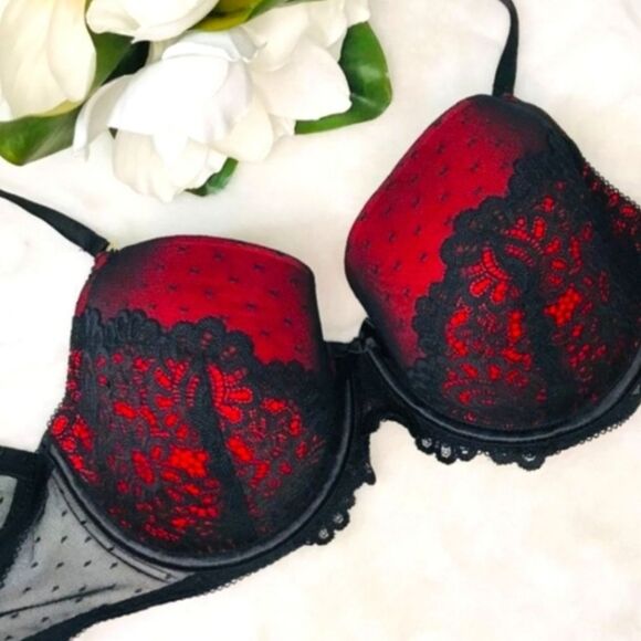 Hush Intimates Red Lace Overlay Push-Up Plunge Bra - Picture 1 of 4